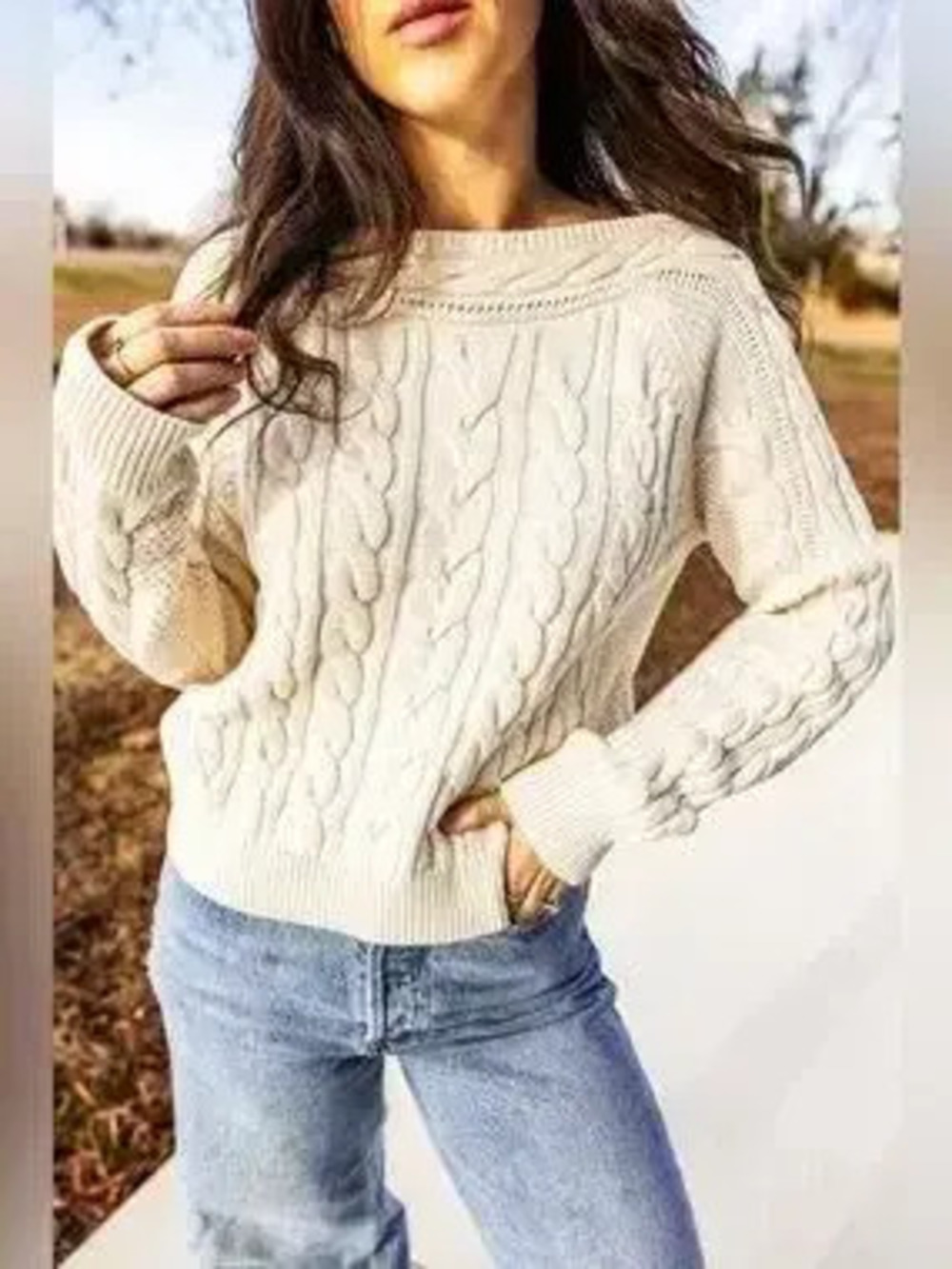 Drop Shoulder Round Neck Cable Knit Sweater - Picture 3 of 9